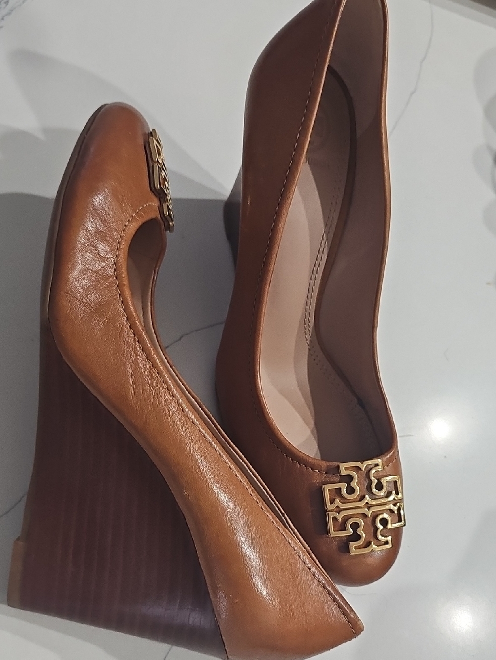 Tory Burch Tan Leather Wedge Pumps with Gold Logo